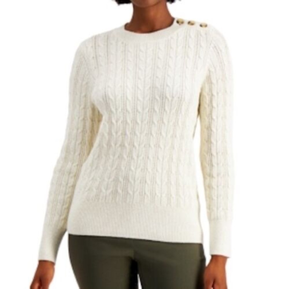 Charter Club Womens Sz XL Button Shoulder Cable Knit Sweater Ivory Gold Metallic